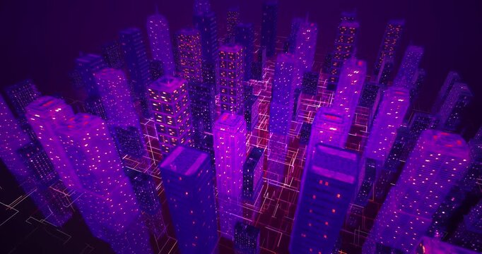 Cyberpunk smart metropolis covered in glowing internet network and server infrastructure. Technology related 3D animation.