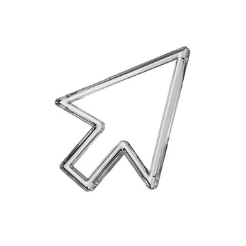Glassy transparent computer mouse cursor arrow icon with beveled edges isolated on a transparent background