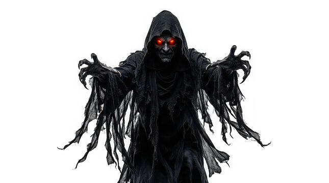 Scary grim reaper with glowing red eyes and tattered black robes reaching out isolated on transparent background