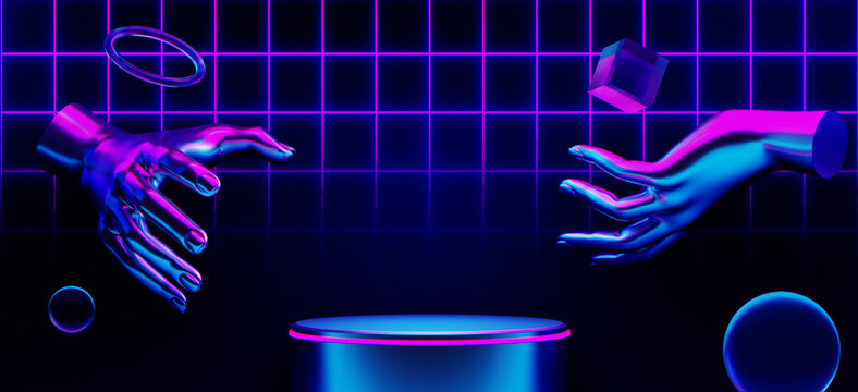 abstract backgound video game of scifi gaming cyberpunk, vr virtual reality simulation and metaverse, scene stand pedestal stage, 3d illustration rendering, futuristic neon glow room