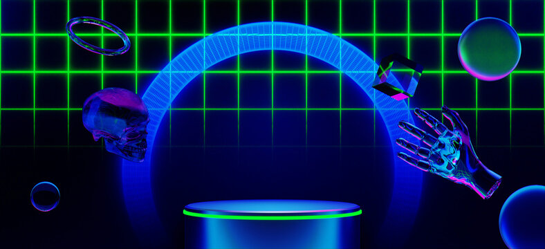 abstract backgound video game of scifi gaming cyberpunk, vr virtual reality simulation and metaverse, scene stand pedestal stage, 3d illustration rendering, futuristic neon glow room