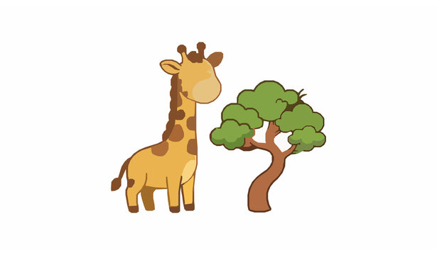 Cute giraffe and leafy tree cartoon vector illustration for kids