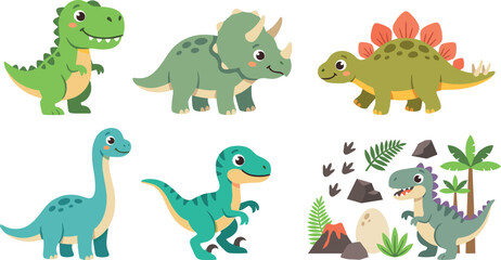 Naklejka premium Cute Dinosaur Vector Set with Tyrannosaurus Rex Triceratops Stegosaurus Brachiosaurus and Prehistoric Elements