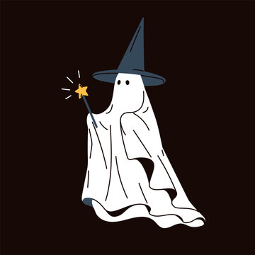 Halloween ghost in hat. Spooky Halloween ghost character in witch hat with magic wand. Autumn holiday scary spirit, spook in sheet at black night. Creepy Helloween flat vector illustration