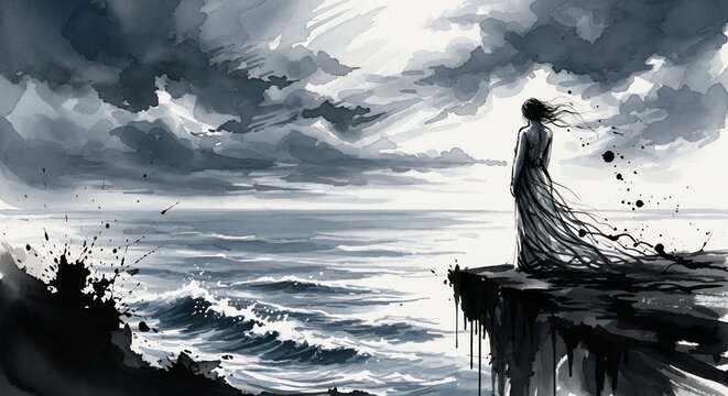 Woman ocean view watercolor artwork