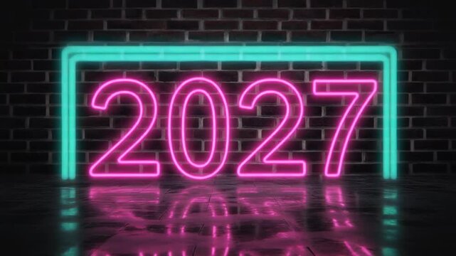 Year 2027 glowing pink neon signboard numbers in cyan frame on dark brick wall background concept for retro New Year celebration party banner.