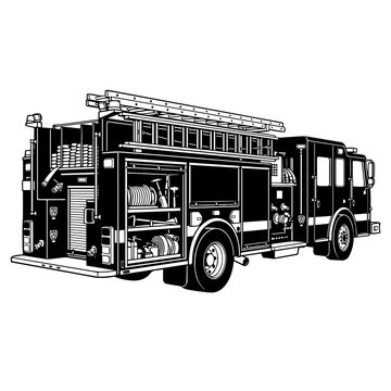 Detailed black and white vector illustration of a modern fire engine truck