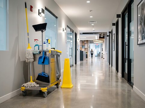 A long brightly lit school hallway features cleaning equipment and a yellow safety cone showing floor maintenance is currently underway during the day