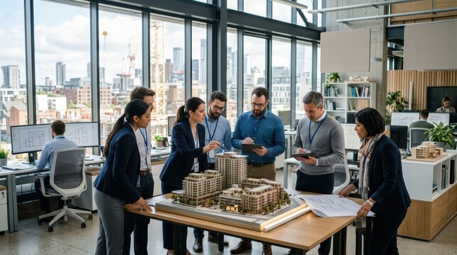 Professional architects and engineers discussing a new building model in a modern bright office workspace