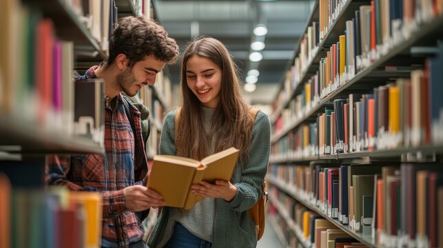 Happy young couple reads together from an open book in university library, demonstrating joy in learning and collaborative study techniques