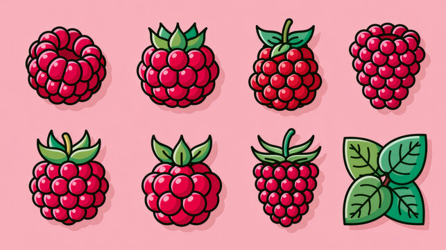 Vibrant raspberry artwork showcasing different styles and angles against a soft pink backdrop