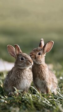 Two cute rabbits sitting together in fresh green grass, peaceful wildlife scene with a young bunny and adult rabbit in a natural spring meadow