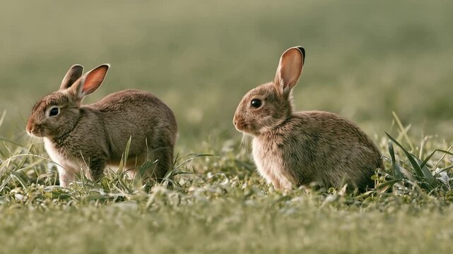 Two cute rabbits sitting together in fresh green grass, peaceful wildlife scene with a young bunny and adult rabbit in a natural spring meadow