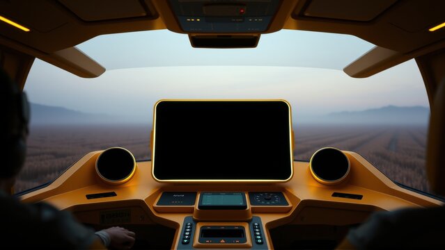 Futuristic cockpit view. Orange interior dominates, displaying landscape outside. Minimalist design, focused controls visible. Dramatic lighting creates mood.