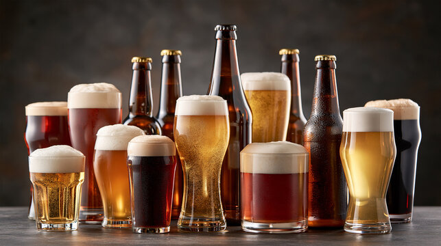 Assortment of craft beers in different glasses and brown bottles with golden lager, amber ale and dark stout on a rustic bar background