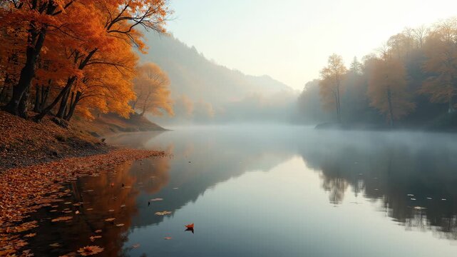 Autumn Serenity on Misty Lake modern digital