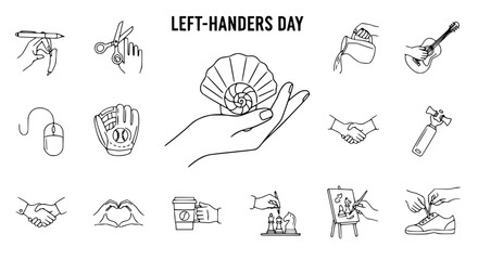 Fototapeta premium Left-Handers Day Icons: Writing, Scissors, Guitar, Coffee, Art, Sports, Love