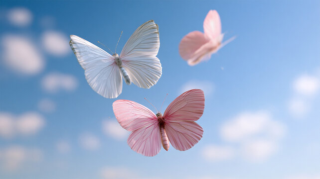 Delicate pink and white butterflies flying against a soft blue sky with dreamy clouds, peaceful pastel nature scene symbolizing freedom and transformation