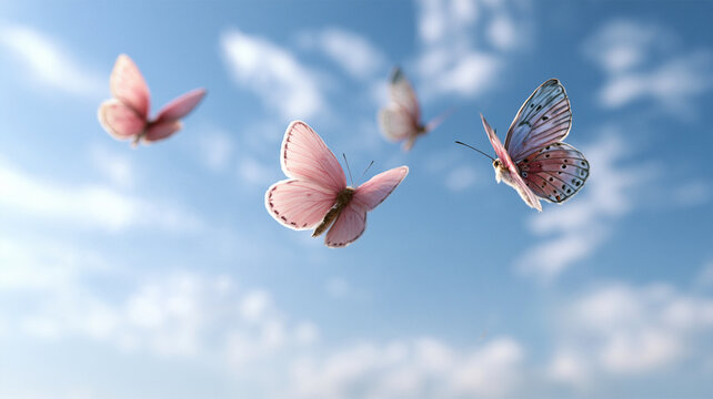 Delicate pink and white butterflies flying against a soft blue sky with dreamy clouds, peaceful pastel nature scene symbolizing freedom and transformation