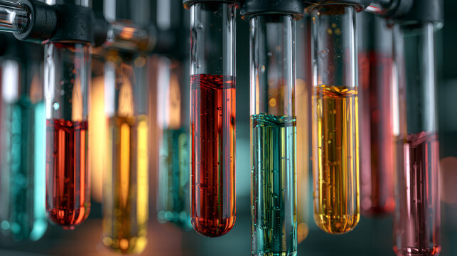 Vibrant test tubes filled with various liquid solutions displayed in a modern laboratory environment