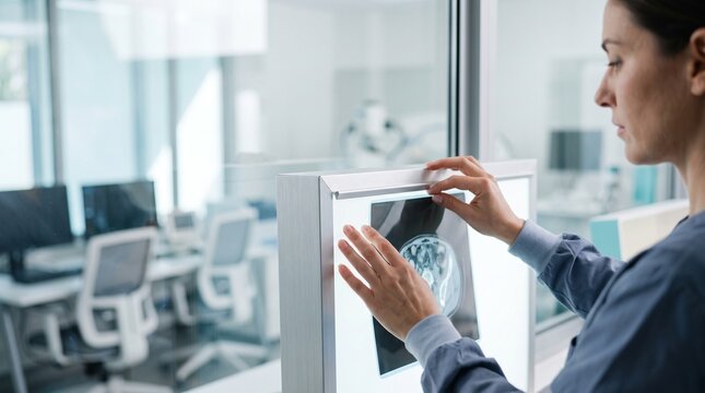 Medical Professional Examining X-ray: A focused medical professional, likely a doctor or technician, examines a detailed X-ray image on a lightbox in a modern medical facility.
