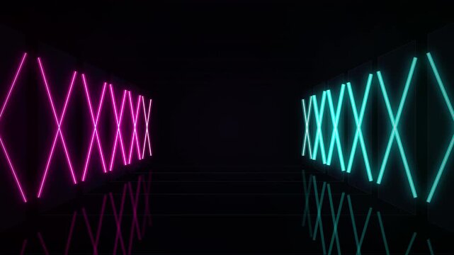 Abstract neon x pattern corridor reflective dark digital tunnel motion