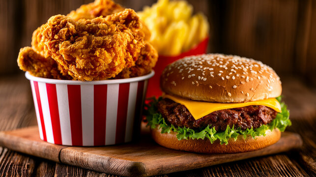 Satisfying gourmet fast food spread with a juicy cheeseburger crispy chicken and perfectly golden french fries
