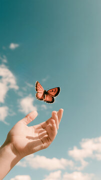 Hand releasing a beautiful orange butterfly into a blue sky with soft white clouds, symbolic nature scene representing freedom, hope, change and new beginnings