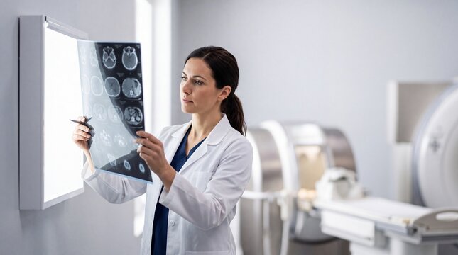 Medical Expertise: A skilled doctor examines an X-ray scan, concentrating on the patient's brain structure, with advanced medical equipment like an MRI machine in the background.