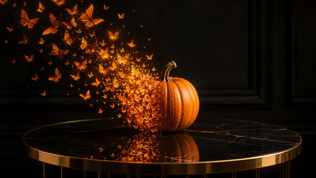 Orange pumpkin magically transforming and dissolving into a glowing swarm of butterflies against a dark background.