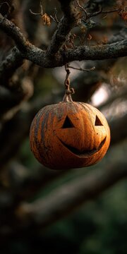 Pumpkin lantern suspended from a tree branch