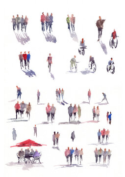 Set of abstract people sketched in watercolor. Handdrawn illustration.