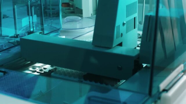 Close view inside automated laboratory machine showing rows of small sample vials in tray behind transparent panels, lit by cool cyan light, with metallic parts, glossy reflections, and clinical