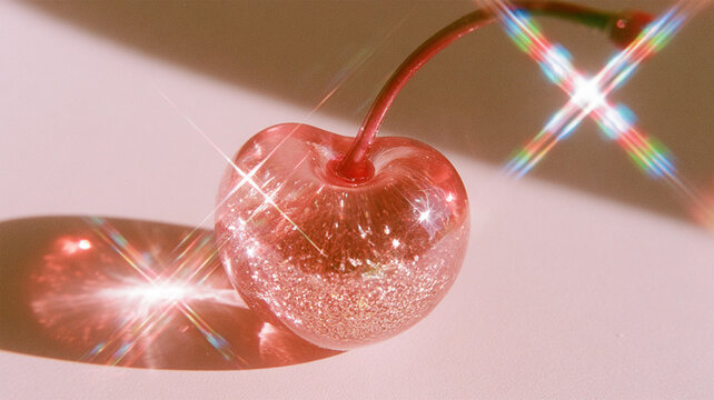 Sparkling transparent glass cherry with glitter and rainbow star reflections on a soft pink background, dreamy retro aesthetic with bright sunlight and playful glamour
