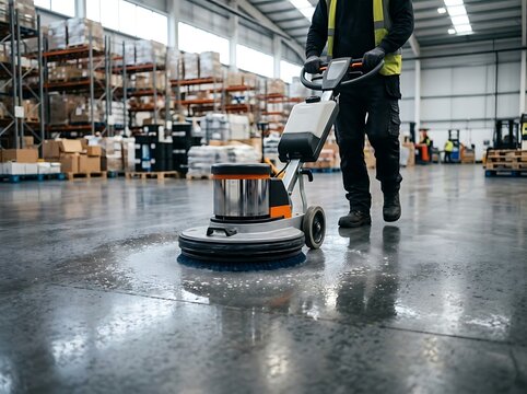 A dedicated professional carefully drives and controls a modern automatic floor cleaning machine in a spacious well illuminated warehouse maintaining a spotless environment