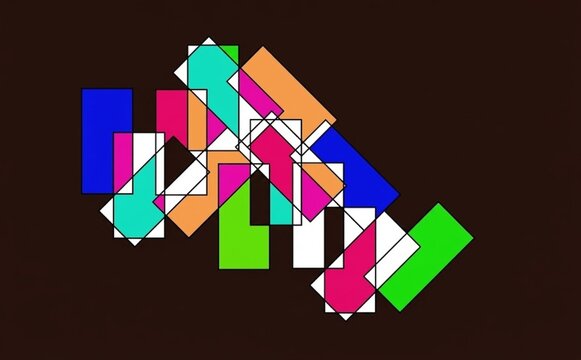 A dynamic geometric arrangement of overlapping colorful rectangles in blue, magenta, turquoise, orange, white, and green set against a solid dark background.