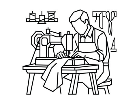 Line art illustration of a tailor working at a sewing machine with tools and fabric