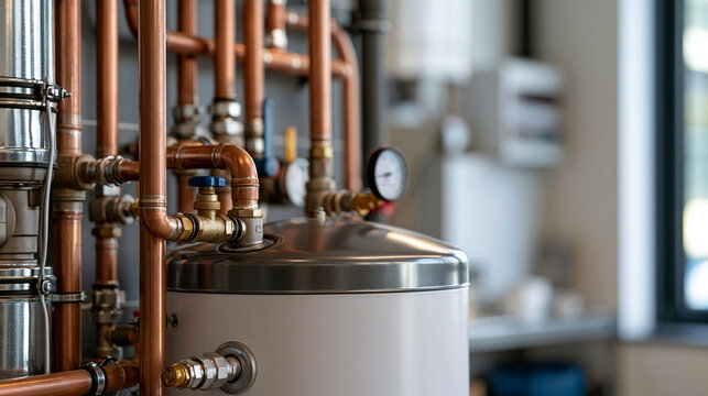 Modern heating system with copper pipes and boiler, illustrating home comfort, energy efficiency, and plumbing technology for residential and industrial applications, copy space