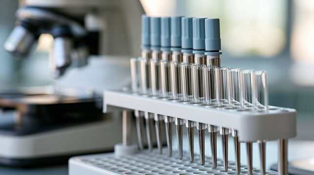 Laboratory rack holding multiple empty test tubes and micro pipette tips, with a blurred microscope in the background, representing scientific research and medical diagnostics