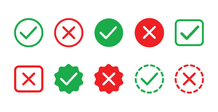 check mark and cancel icon set. collection of check, cross, approval, rejection, success, failure, verification, confirmation, and validation icons. editable stroke. vector icon collection.