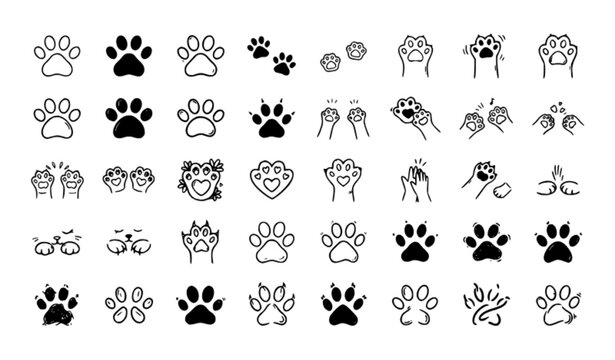 Cute cat paw vector bundle with hand drawn pet doodle outline collection