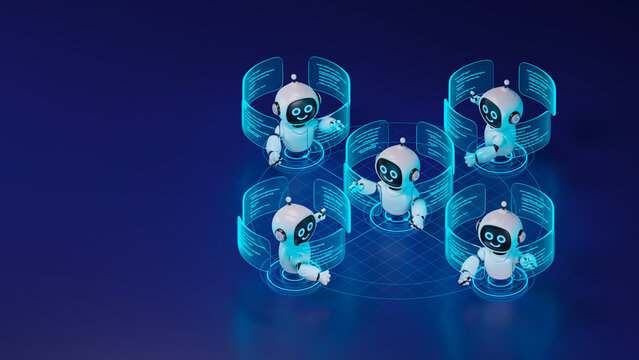 AI agent robot workflow automation orchestrator artificial intelligence data coding icon flow process assistant technology futuristic 3d rendering.