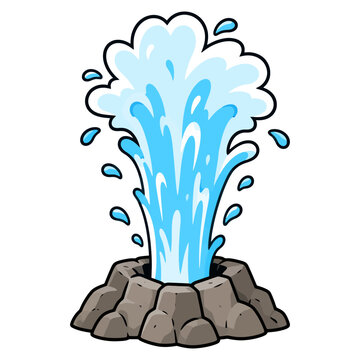 Cartoon geyser eruption illustration with blue water and rocks.