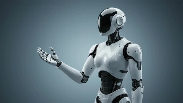 White Humanoid Robot Waving Hand on Blue Background