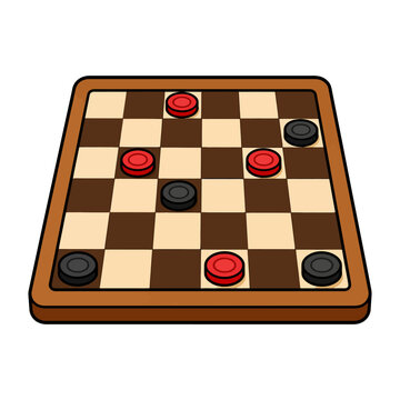 Checkers game on wooden board with red and black pieces.