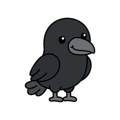 Obraz premium Cute cartoon black raven illustration with happy expression on white background.