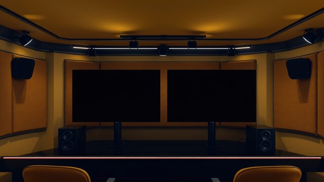 Dim studio space. Soundproofing panels cover walls. Equipment sits before dark windows. Warm lighting creates moody atmosphere.