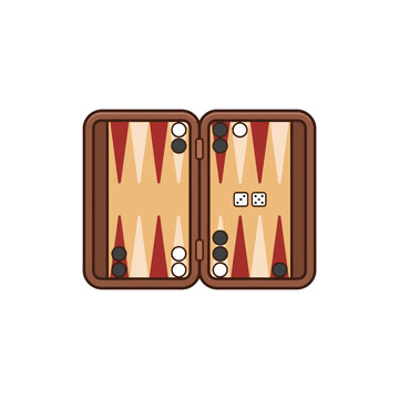 Classic wooden backgammon board with checkers and dice on a white background.