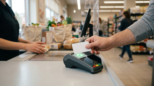 Close up of customer hand tapping credit card on POS reader terminal at a supermarket checkout line to pay for groceries. Cashless grocery store.