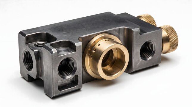 Custom metal engineering block with brass inserts and threaded holes.